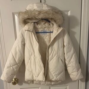 Old Navy Kids Cream Puffer Jacket with Faux Fur Hood